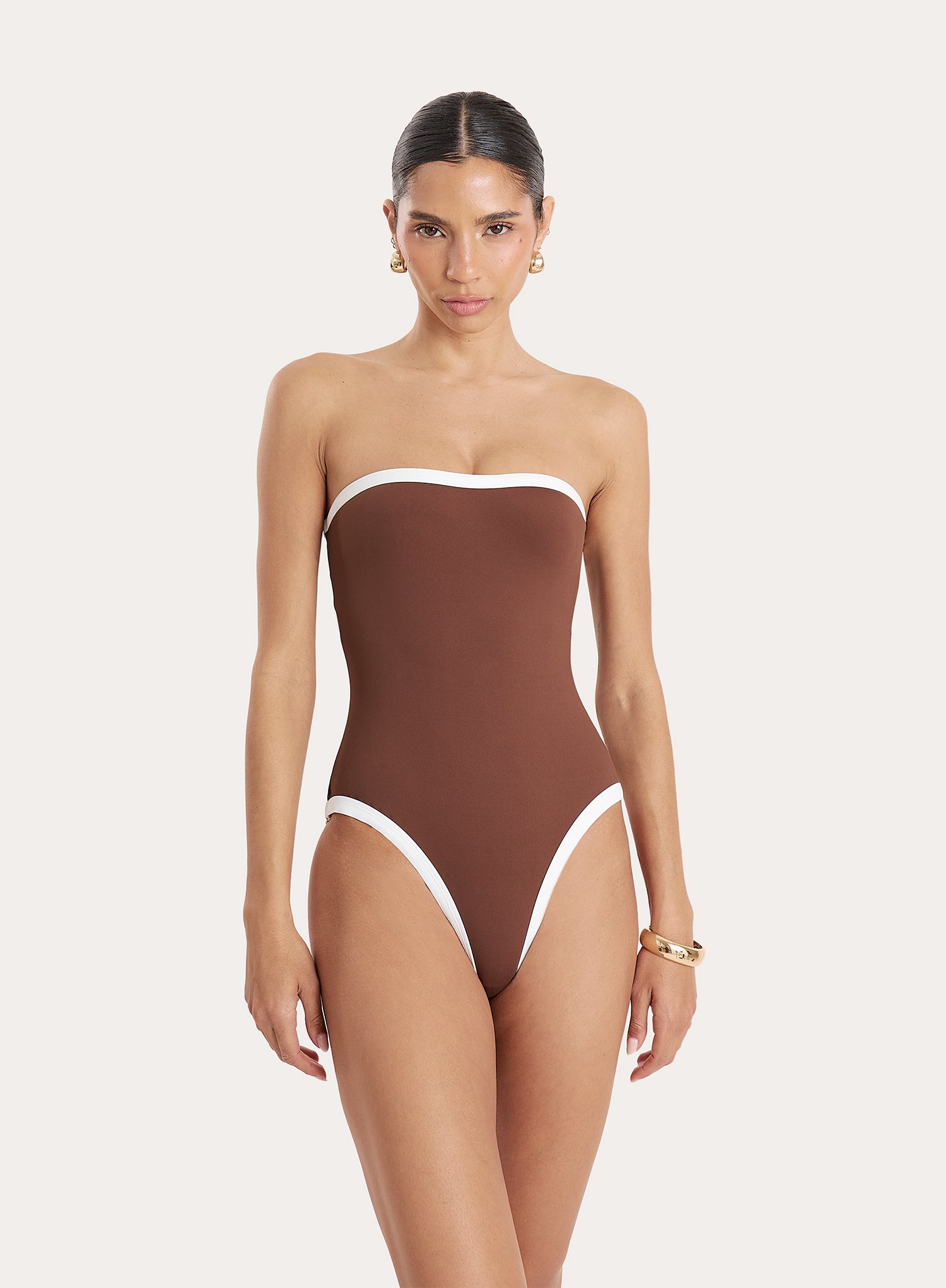 Brown Contrast Trim Bandeau Swimsuit